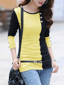 Color Block Decorative Button Long Sleeve T-Shirt