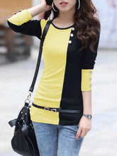 Load image into Gallery viewer, Color Block Decorative Button Long Sleeve T-Shirt