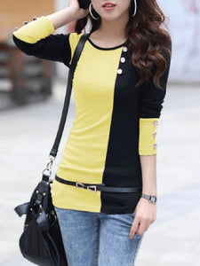 Color Block Decorative Button Long Sleeve T-Shirt