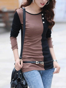 Color Block Decorative Button Long Sleeve T-Shirt