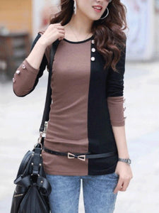 Color Block Decorative Button Long Sleeve T-Shirt