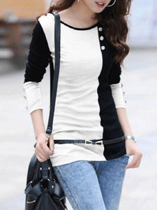 Color Block Decorative Button Long Sleeve T-Shirt