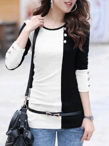 Color Block Decorative Button Long Sleeve T-Shirt