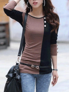 Color Block Decorative Button Long Sleeve T-Shirt