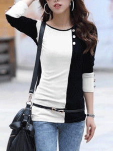 Color Block Decorative Button Long Sleeve T-Shirt