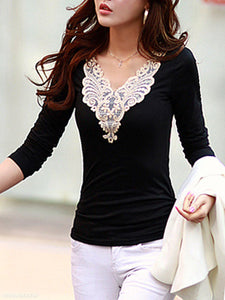 V-Neck Decorative Lace Long Sleeve T-Shirt