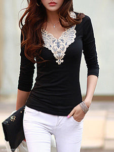 V-Neck Decorative Lace Long Sleeve T-Shirt