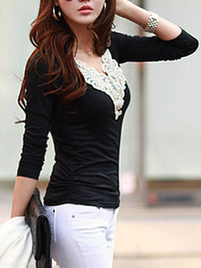 V-Neck Decorative Lace Long Sleeve T-Shirt