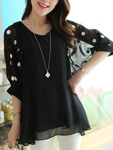 V-Neck  Polka Dot  Puff Sleeve Blouse