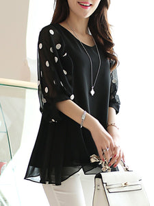 V-Neck  Polka Dot  Puff Sleeve Blouse