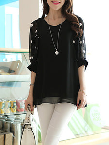 V-Neck  Polka Dot  Puff Sleeve Blouse