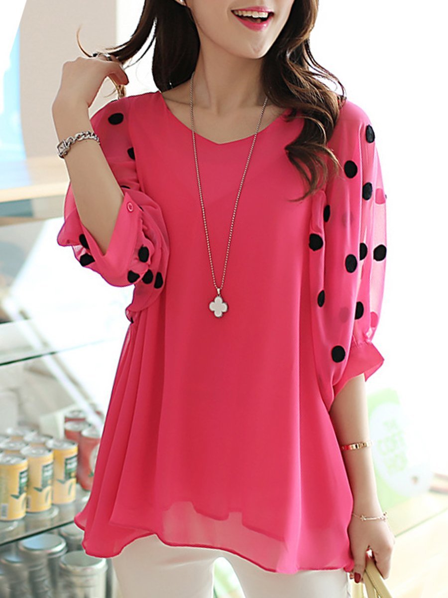 V-Neck  Polka Dot  Puff Sleeve Blouse