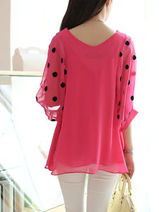 V-Neck  Polka Dot  Puff Sleeve Blouse