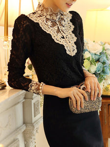 Band Collar Beading Lace Hollow Out Long Sleeve T-Shirt