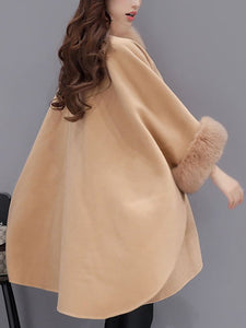 Faux Fur Collar  Frayed Trim  Plain  Batwing Sleeve Coat