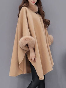 Faux Fur Collar  Frayed Trim  Plain  Batwing Sleeve Coat