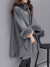 Load image into Gallery viewer, Faux Fur Collar  Frayed Trim  Plain  Batwing Sleeve Coat