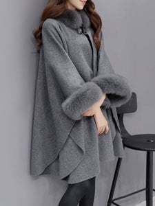 Faux Fur Collar  Frayed Trim  Plain  Batwing Sleeve Coat