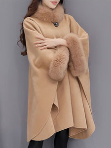 Faux Fur Collar  Frayed Trim  Plain  Batwing Sleeve Coat