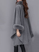 Load image into Gallery viewer, Faux Fur Collar  Frayed Trim  Plain  Batwing Sleeve Coat