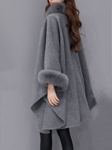 Faux Fur Collar  Frayed Trim  Plain  Batwing Sleeve Coat