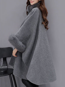 Faux Fur Collar  Frayed Trim  Plain  Batwing Sleeve Coat