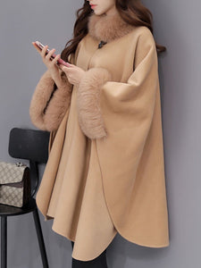 Faux Fur Collar  Frayed Trim  Plain  Batwing Sleeve Coat