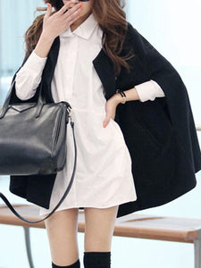 Collarless Pocket Plain Woolen Cape Sleeve Coat