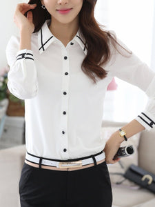 Turn Down Collar Contrast Piping Chiffon Blouse