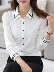 Turn Down Collar Contrast Piping Chiffon Blouse