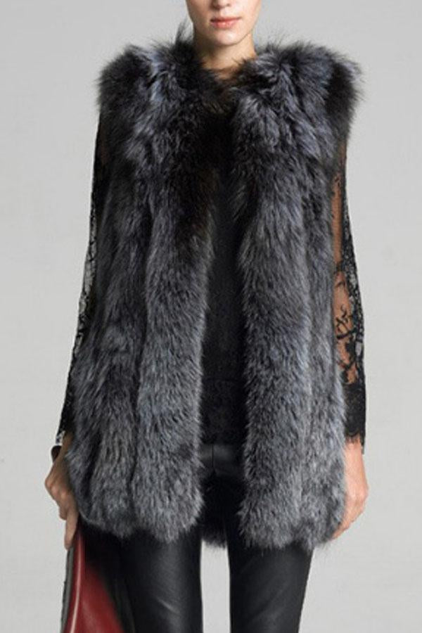 Fluffy Faux Fur Collarless Plain Waistcoat Coat