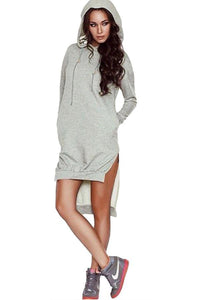 Hooded  Asymmetric Hem Drawstring  Plain Casual Dresses