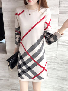 Women Plaid Round Neck Mini Sweater Dress