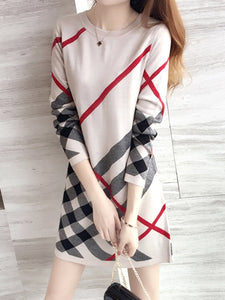 Women Plaid Round Neck Mini Sweater Dress