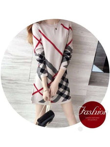 Women Plaid Round Neck Mini Sweater Dress