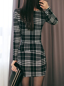 V-Neck Plaid Mini Bodycon Dress