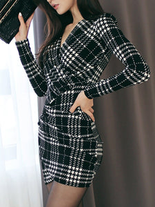 V-Neck Plaid Mini Bodycon Dress