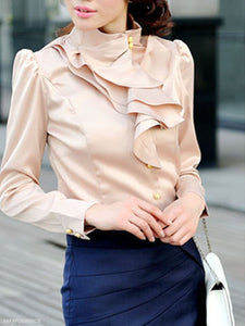 High Neck  Beading  Plain Blouses