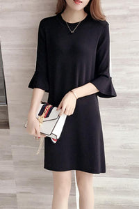 Round Neck  Color Block Striped  Bell Sleeve Shift Dresses