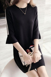 Round Neck  Color Block Striped  Bell Sleeve Shift Dresses