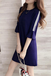 Round Neck  Color Block Striped  Bell Sleeve Shift Dresses