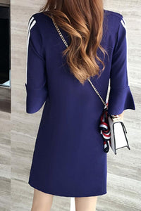 Round Neck  Color Block Striped  Bell Sleeve Shift Dresses