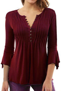 Round Neck  Single Breasted  Plain  Bell Sleeve Blouses