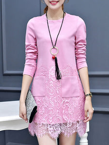 Round Neck  Decorative Lace Patch Pocket  Plain  Polyester Shift Dress