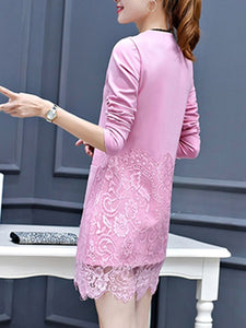 Round Neck  Decorative Lace Patch Pocket  Plain  Polyester Shift Dress