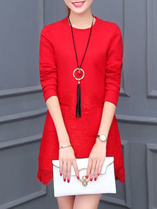 Round Neck  Decorative Lace Patch Pocket  Plain  Polyester Shift Dress