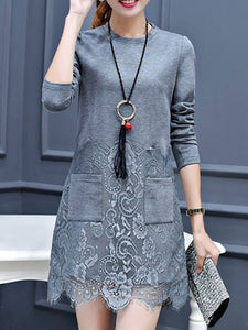 Round Neck  Decorative Lace Patch Pocket  Plain  Polyester Shift Dress