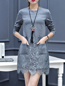 Round Neck  Decorative Lace Patch Pocket  Plain  Polyester Shift Dress