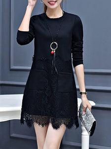 Round Neck  Decorative Lace Patch Pocket  Plain  Polyester Shift Dress