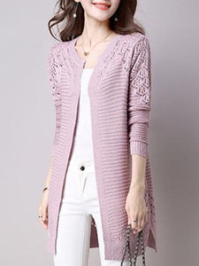 Collarless Snap Front Crochet Hollow Out Trench Coats